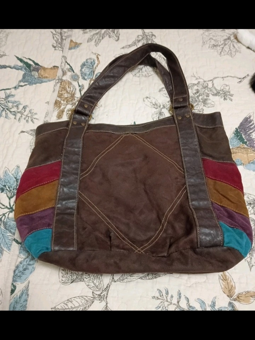 Vintage 70s Style Patchwork Suede Tote Bag – Rainbow Boho Shoulder Bag